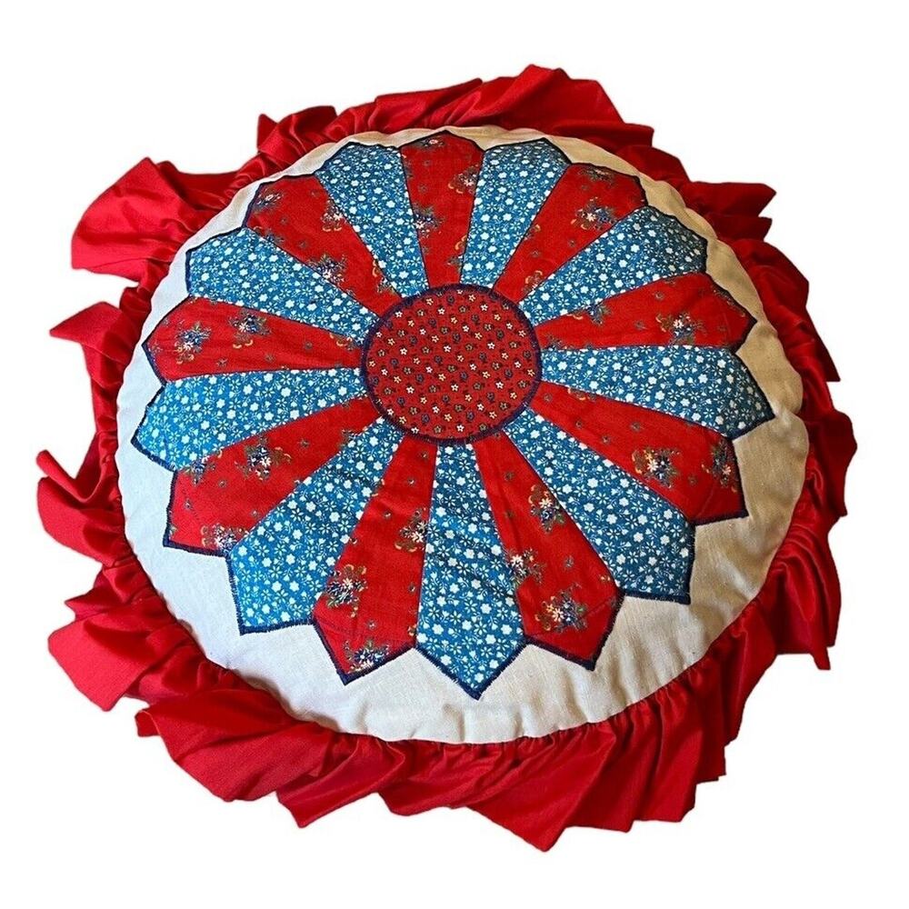 VTG Handmade Star Quilted Decorative Throw Pillow Round 21” Cottagecore July 4th